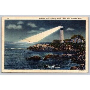 Postcard Maine Portland Head Light by Night Linen Lighthouse Posted 1941 WWII ME